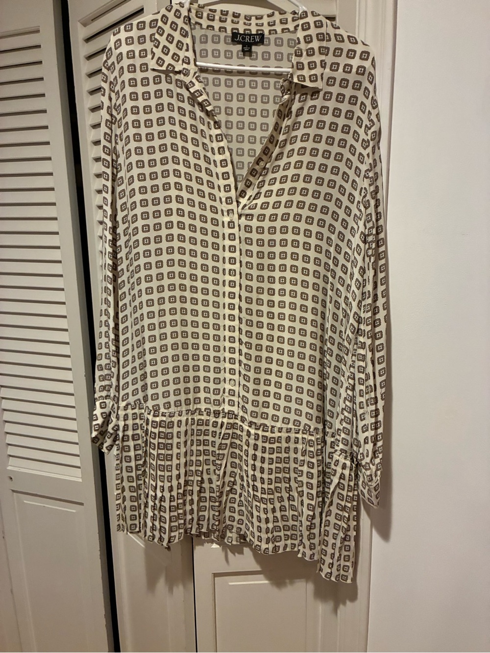 J. Crew Cream Button-Down Ruffle-Hem Shirt with Brown Geometric Print